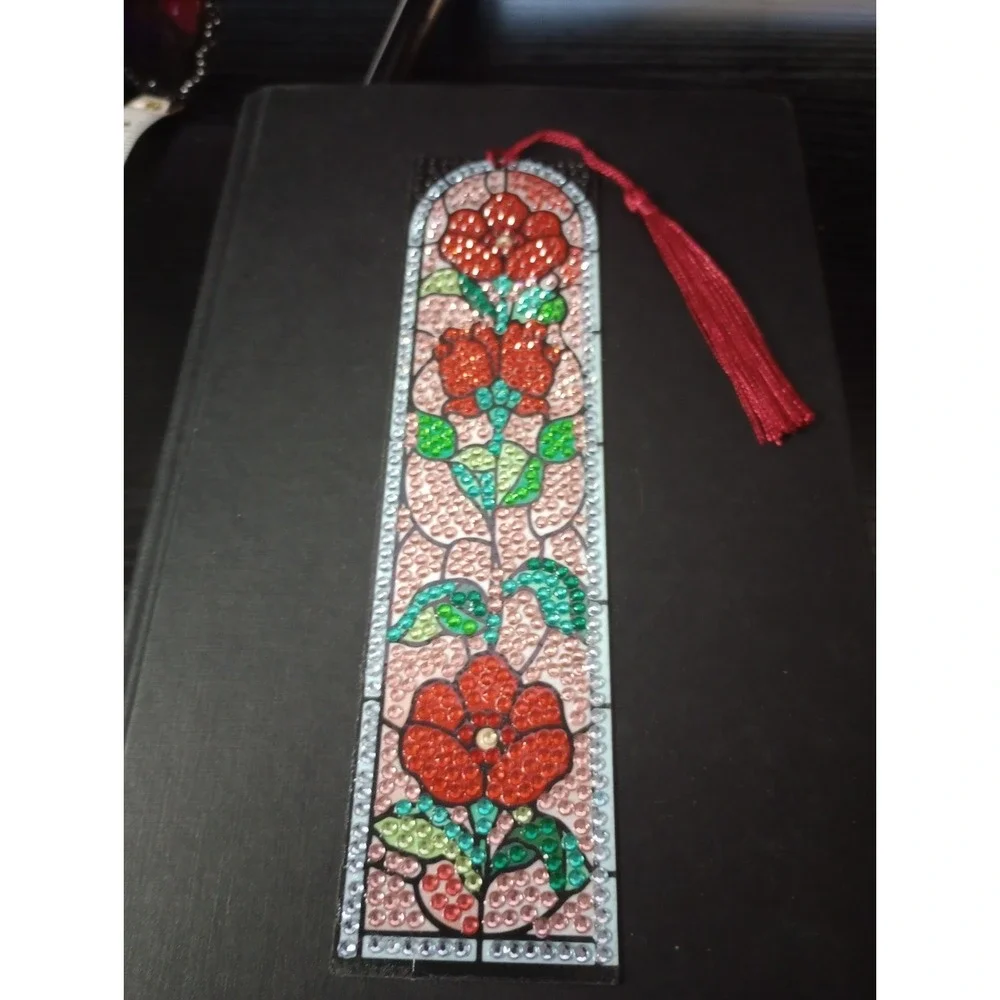 Handmade Diamond Painting Floral Bookmark Red Tassel Faux Stained Glass 7.5